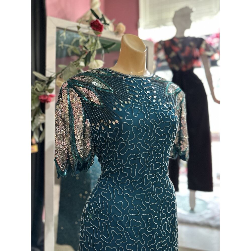 Vintage 80s Beaded Mini Dress Green Silver Open Back Cocktail Evening S/M - Picture 5 of 9